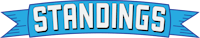 a blue and white banner with the word standings